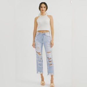 KanCan High Rise Shredded Mom Jeans